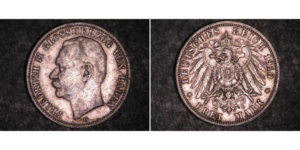 3 Марка Великое герцогство Баден (1806-1918) Серебро Frederick II, Grand Duke of Baden (1857 - 1928)