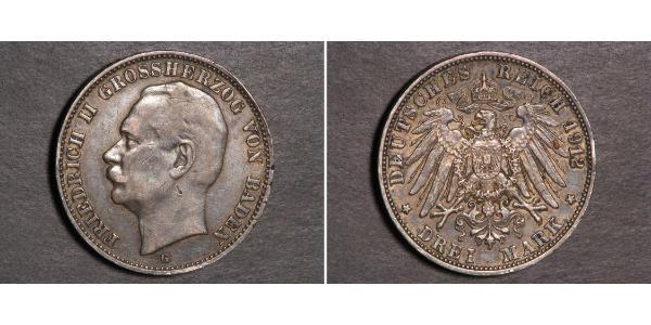 3 Марка Великое герцогство Баден (1806-1918) Серебро Frederick II, Grand Duke of Baden (1857 - 1928)