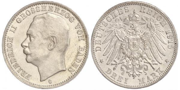 3 Марка Великое герцогство Баден (1806-1918) Серебро Frederick II, Grand Duke of Baden (1857 - 1928)