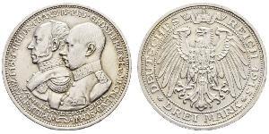 3 Марка Германская империя (1871-1918) Серебро Frederick Francis IV, Grand Duke of Mecklenburg (1882 - 1945)
