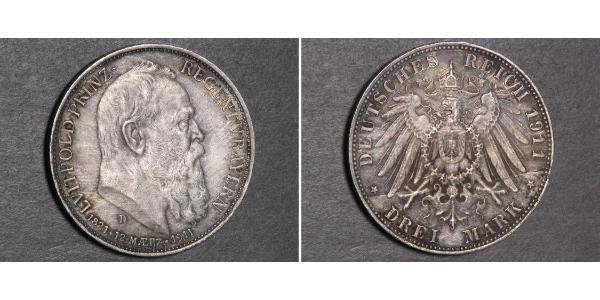 3 Марка Королевство Бавария (1806 - 1918) Серебро Отто I (король Баварии)(1848 – 1916)