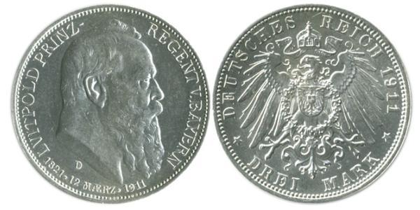3 Марка Королевство Бавария (1806 - 1918) Серебро Отто I (король Баварии)(1848 – 1916)