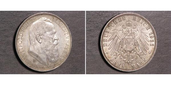 3 Марка Королевство Бавария (1806 - 1918) Серебро Отто I (король Баварии)(1848 – 1916)