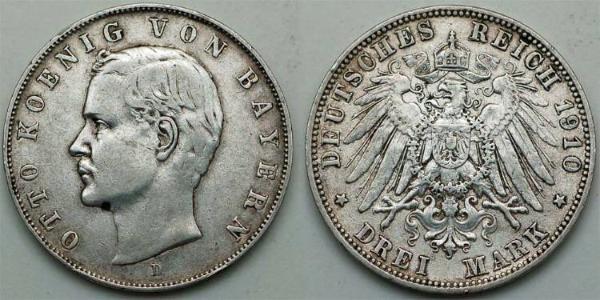 3 Марка Королевство Бавария (1806 - 1918) Серебро Отто I (король Баварии)(1848 – 1916)