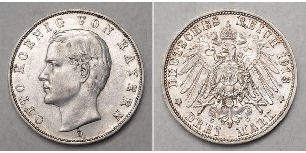 3 Марка Королевство Бавария (1806 - 1918) Серебро Отто I (король Баварии)(1848 – 1916)
