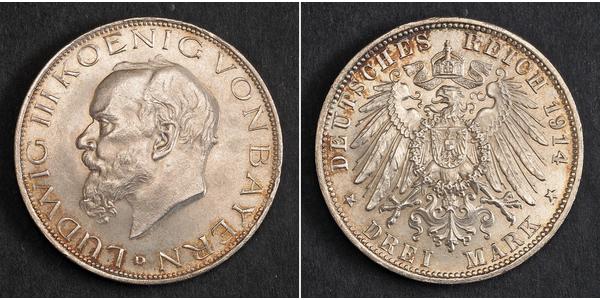 3 Марка Королевство Бавария (1806 - 1918) Серебро Людвиг III (король Баварии) (1845 – 1921)