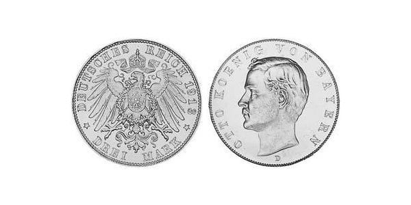 3 Марка Королевство Бавария (1806 - 1918) Серебро Отто I (король Баварии)(1848 – 1916)