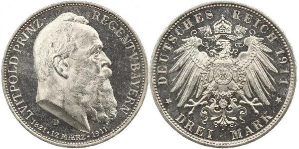 3 Марка Королевство Бавария (1806 - 1918) Серебро Отто I (король Баварии)(1848 – 1916)