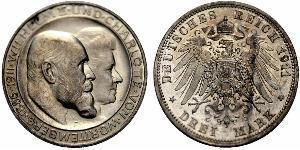 3 Марка Королевство Вюртемберг (1806-1918) Серебро Wilhelm II, German Emperor (1859-1941)