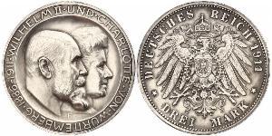 3 Марка Королевство Вюртемберг (1806-1918) Серебро Wilhelm II, German Emperor (1859-1941)