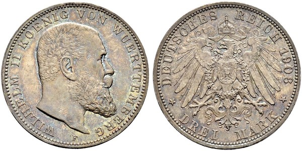 3 Марка Королевство Вюртемберг (1806-1918) Серебро Wilhelm II, German Emperor (1859-1941)
