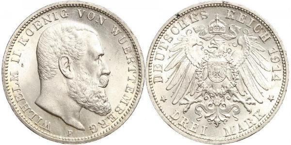 3 Марка Королевство Вюртемберг (1806-1918) Серебро Wilhelm II, German Emperor (1859-1941)