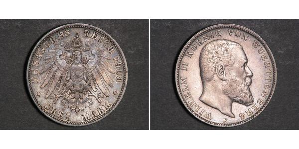 3 Марка Королевство Вюртемберг (1806-1918) Серебро Wilhelm II, German Emperor (1859-1941)