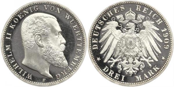 3 Марка Королевство Вюртемберг (1806-1918) Серебро Wilhelm II, German Emperor (1859-1941)