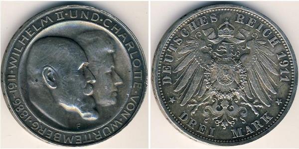 3 Марка Королевство Вюртемберг (1806-1918) Серебро Wilhelm II, German Emperor (1859-1941)