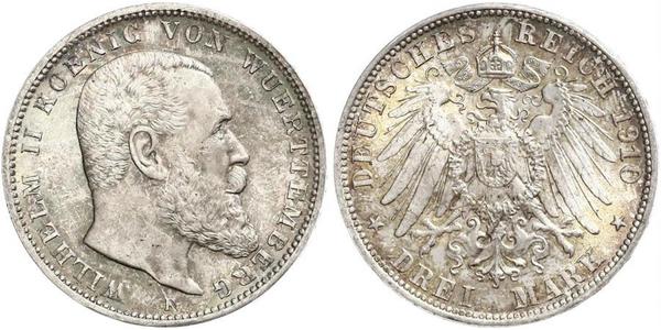 3 Марка Королевство Вюртемберг (1806-1918) Серебро Wilhelm II, German Emperor (1859-1941)