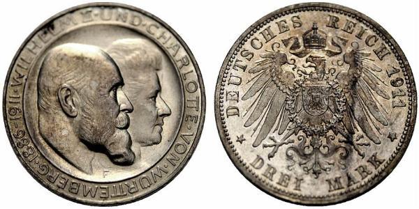 3 Марка Королевство Вюртемберг (1806-1918) Серебро Wilhelm II, German Emperor (1859-1941)
