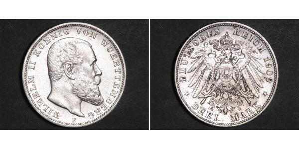 3 Марка Королевство Вюртемберг (1806-1918) Серебро Wilhelm II, German Emperor (1859-1941)