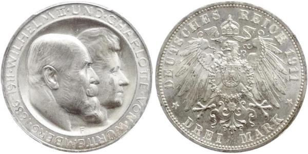 3 Марка Королевство Вюртемберг (1806-1918) Серебро Wilhelm II, German Emperor (1859-1941)