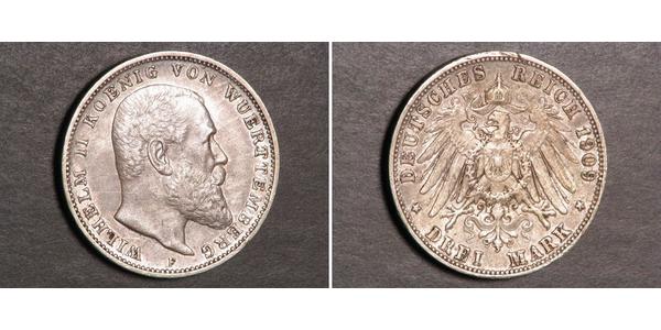 3 Марка Королевство Вюртемберг (1806-1918) Серебро Wilhelm II, German Emperor (1859-1941)