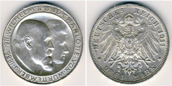 3 Марка Королевство Вюртемберг (1806-1918) Серебро Wilhelm II, German Emperor (1859-1941)