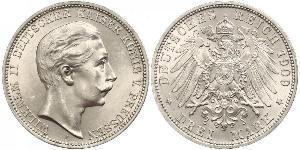 3 Марка Пруссия (королевство) (1701-1918) Серебро Wilhelm II, German Emperor (1859-1941)