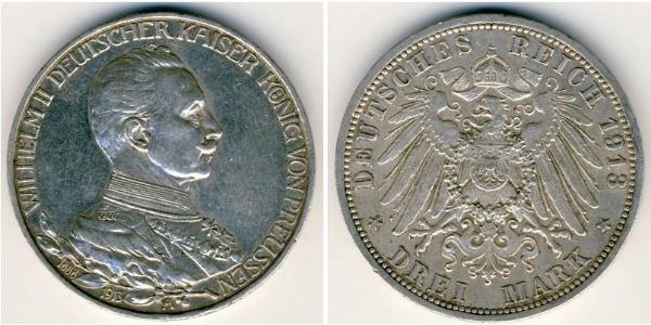 3 Марка Пруссия (королевство) (1701-1918) Серебро Wilhelm II, German Emperor (1859-1941)