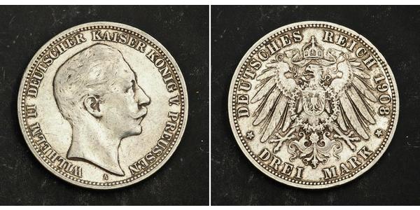 3 Марка Пруссия (королевство) (1701-1918) Серебро Wilhelm II, German Emperor (1859-1941)