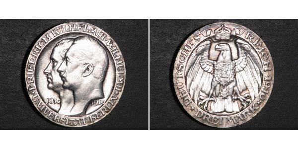 3 Марка Пруссия (королевство) (1701-1918) Серебро Wilhelm II, German Emperor (1859-1941)