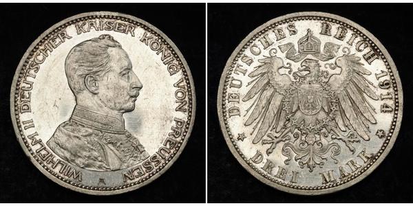3 Марка Пруссия (королевство) (1701-1918) Серебро Wilhelm II, German Emperor (1859-1941)