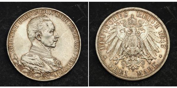 3 Марка Пруссия (королевство) (1701-1918) Серебро Wilhelm II, German Emperor (1859-1941)