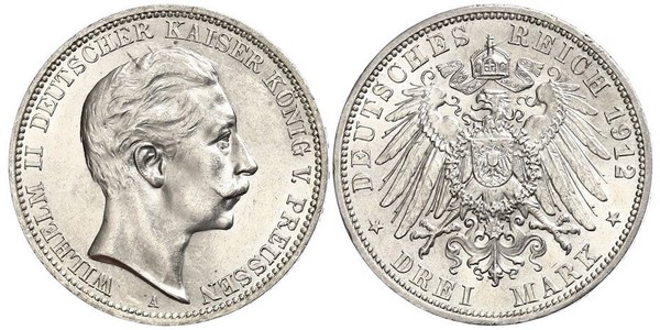 3 Марка Пруссия (королевство) (1701-1918) Серебро Wilhelm II, German Emperor (1859-1941)