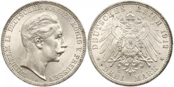 3 Марка Пруссия (королевство) (1701-1918) Серебро Wilhelm II, German Emperor (1859-1941)