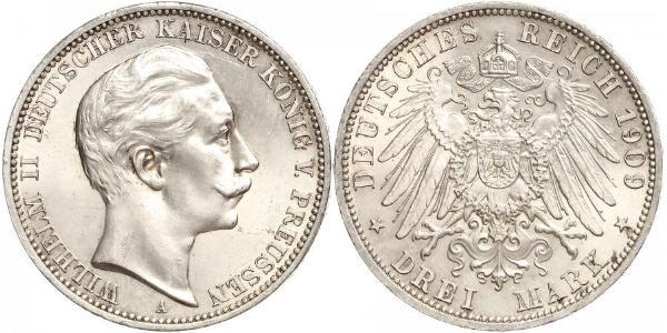 3 Марка Пруссия (королевство) (1701-1918) Серебро Wilhelm II, German Emperor (1859-1941)