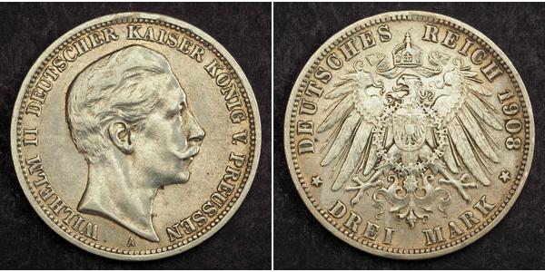3 Марка Пруссия (королевство) (1701-1918) Серебро Wilhelm II, German Emperor (1859-1941)