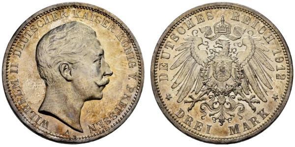 3 Марка Пруссия (королевство) (1701-1918) Серебро Wilhelm II, German Emperor (1859-1941)