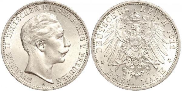 3 Марка Пруссия (королевство) (1701-1918) Серебро Wilhelm II, German Emperor (1859-1941)
