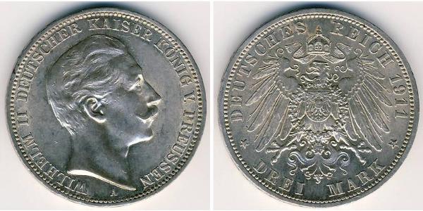 3 Марка Пруссия (королевство) (1701-1918) Серебро Wilhelm II, German Emperor (1859-1941)