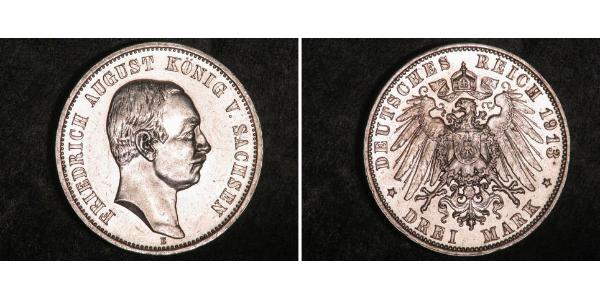 3 Марка Саксония (королевство) (1806 - 1918) Серебро Фридрих Август III (король Саксонии) (1865-1932)