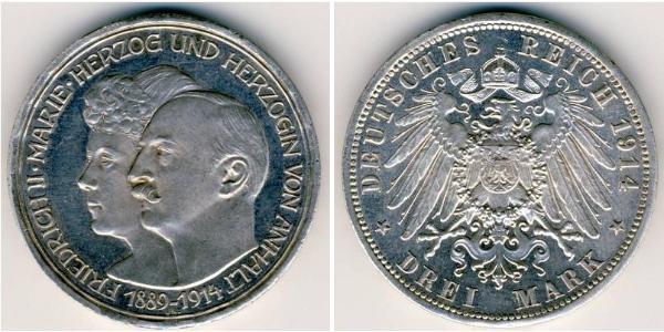 3 Марка Ангальт-Дессау (1603 -1863) Срібло Friedrich II, Duke of Anhalt (1856 – 1918)