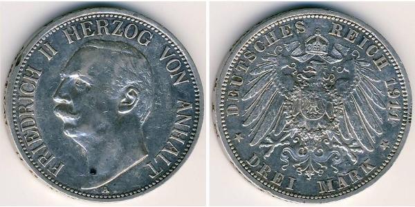 3 Марка Ангальт-Дессау (1603 -1863) Срібло Friedrich II, Duke of Anhalt (1856 – 1918)