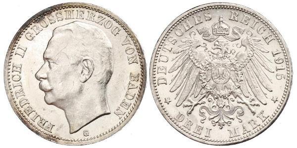 3 Марка Велике герцогство Баден (1806-1918) Срібло Frederick II, Grand Duke of Baden (1857 - 1928)
