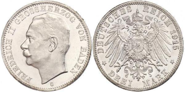 3 Марка Велике герцогство Баден (1806-1918) Срібло Frederick II, Grand Duke of Baden (1857 - 1928)
