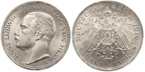 3 Марка Великое герцогство Гессен (1806 - 1918) Срібло Ernest Louis, Grand Duke of Hesse (1868 - 1937)