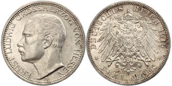 3 Марка Великое герцогство Гессен (1806 - 1918) Срібло Ernest Louis, Grand Duke of Hesse (1868 - 1937)