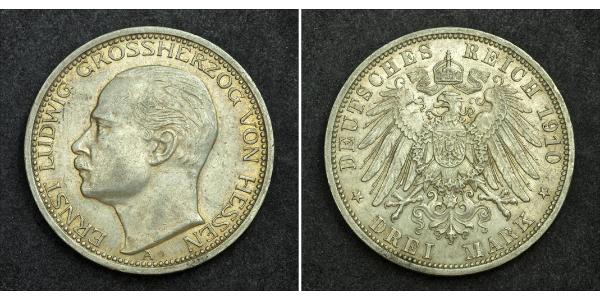 3 Марка Великое герцогство Гессен (1806 - 1918) Срібло Ernest Louis, Grand Duke of Hesse (1868 - 1937)