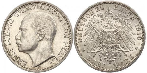 3 Марка Великое герцогство Гессен (1806 - 1918) Срібло Ernest Louis, Grand Duke of Hesse (1868 - 1937)