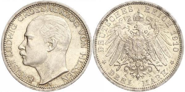 3 Марка Великое герцогство Гессен (1806 - 1918) Срібло Ernest Louis, Grand Duke of Hesse (1868 - 1937)