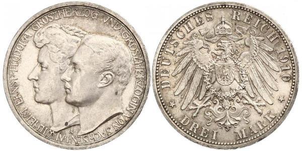 3 Марка Герцогство Саксен-Веймар-Ейзенахське (1809 - 1918) Срібло William Ernest, Grand Duke of Saxe-Weimar-Eisenach