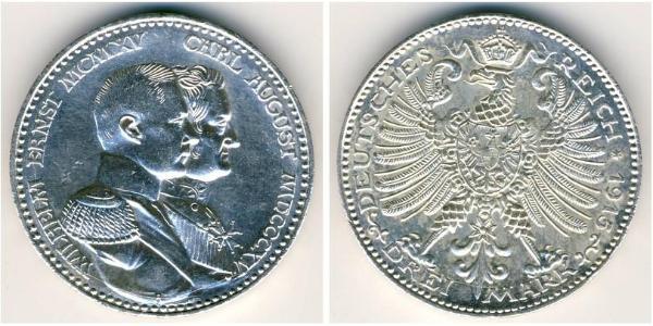 3 Марка Герцогство Саксен-Веймар-Ейзенахське (1809 - 1918) Срібло William Ernest, Grand Duke of Saxe-Weimar-Eisenach